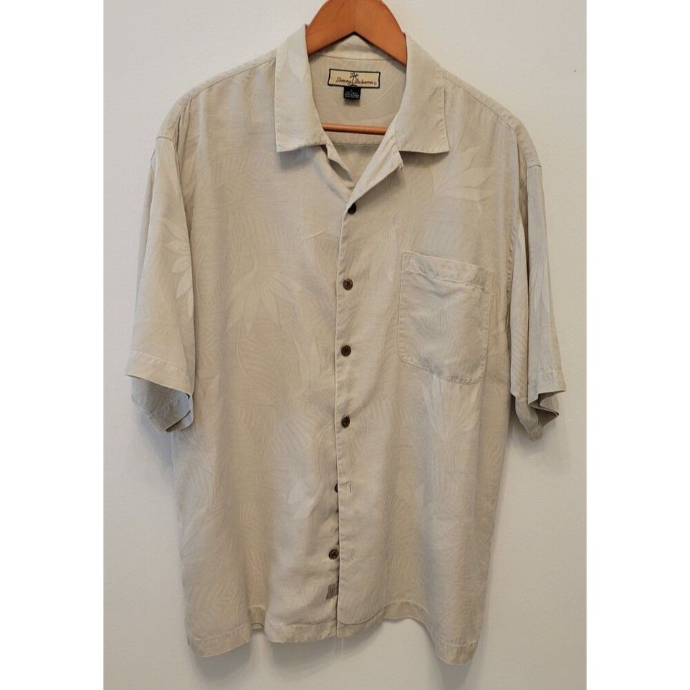 🌴🍍🥥 TOMMY BAHAMA RELAX 100% Silk Jacquard Camp Shirt in Sandy Beige ~ Large